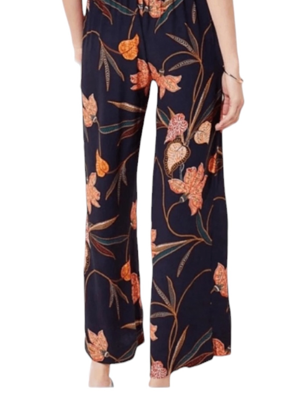 LOFT Capri Fluid Pants Tropical Print Pull-On Flowy Navy Size M - Picture 2 of 6
